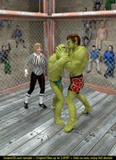 Blonde box referee serving two huge green boxers after the box match