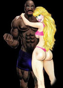 Cartoon blonde hottie with huge juggs giving a head to black stud in the library.