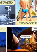 Two perverted dudes trying to persuade busty toon blonde to wear mini bikini.